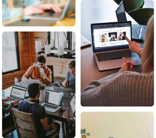 Team collaborating with laptops in a modern office