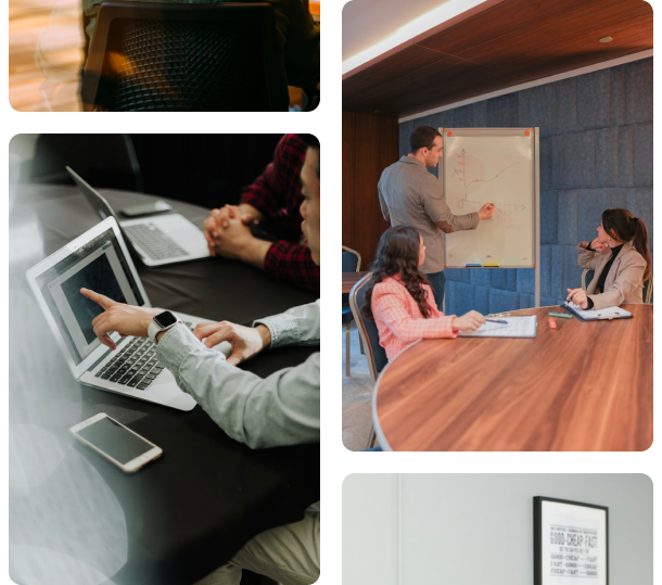 Team collaborating with laptops in a modern office